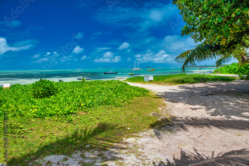 Tropical Paradise beach. Beautiful shoreline of Seychelles Islands