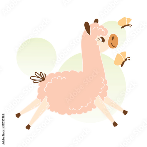 Cute pink llama is jumping. Cartoon animal playing with butterflies. Flat illustration with simple pastel background for nursery poster design. Print for decorating a baby girl's room