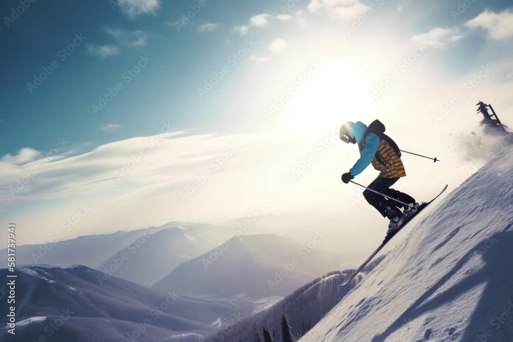 An extreme athlete is performing a ski jump on a snowy mountain during winter. Generative AI An extreme athlete is performing a ski jump on a snowy mountain during winter. Generative AI
