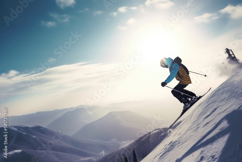 An extreme athlete is performing a ski jump on a snowy mountain during winter. Generative AI © INORTON