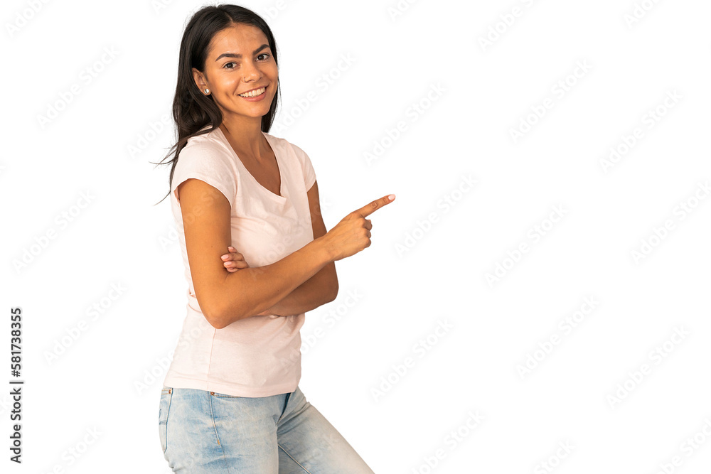 Photo of happy young woman standing isolated over transparent background. Looking camera showing copyspace pointing. Photo of happy young woman standing isolated over transparent background. Looking camera showing copyspace pointing.