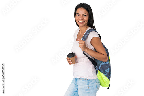 Portrait of a young beautiful woman with a cup of coffee. trendy latin student girl carrying backpack on transparent background