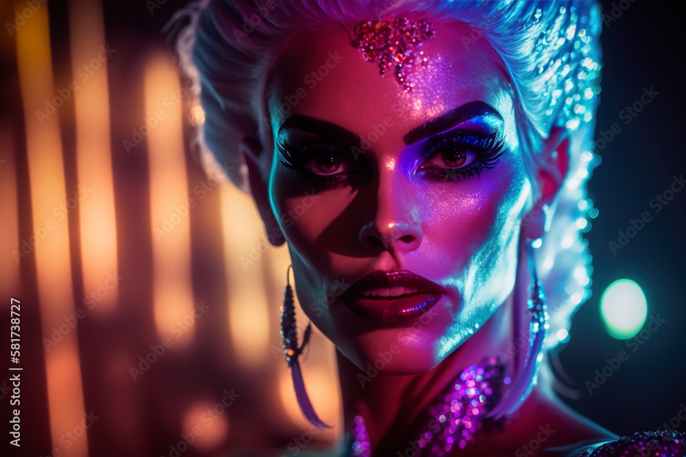 drag queen style transvestite man with makeup in a women's dress at show. Generative AI drag queen style transvestite man with makeup in a women's dress at show. Generative AI