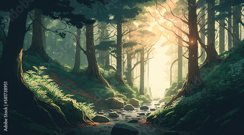 a beautiful place in a forest, anime manga art, sunshine, generative ai technology © Sternfahrer