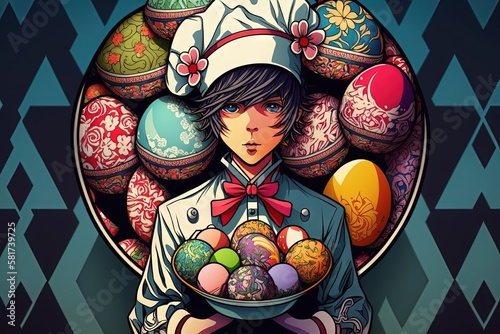 Pretty in a chef's hat holding a plate of beautifully decorated Easter eggs, with intricate patterns Easter illustration manga style generative ai
