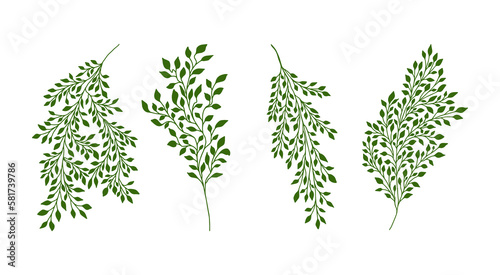 Set of hand drawn doodle silhouettes of minimalistic branches and stems with leaves, twig and grass. Tree Art Design. Isolated on white blackground