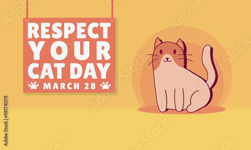 "Respect Your Cat Day" Landscape Background for Poster Design. Illustration Respect Your Cat Day and Vector Flat Cat and hanging board with text