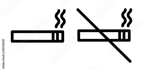 Smoking allowed and smoking prohibited symbols. Vector cigarette icon set. Editable stroke. Cigarette sign. No smoking or smoking area.