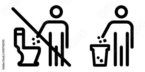Do not throw trash in toilet, throw garbage in bin. Vector line no toilet littering icon. Please do not litter in toilet, drop litter in trash can. Editable stroke. Keep clean sign.
