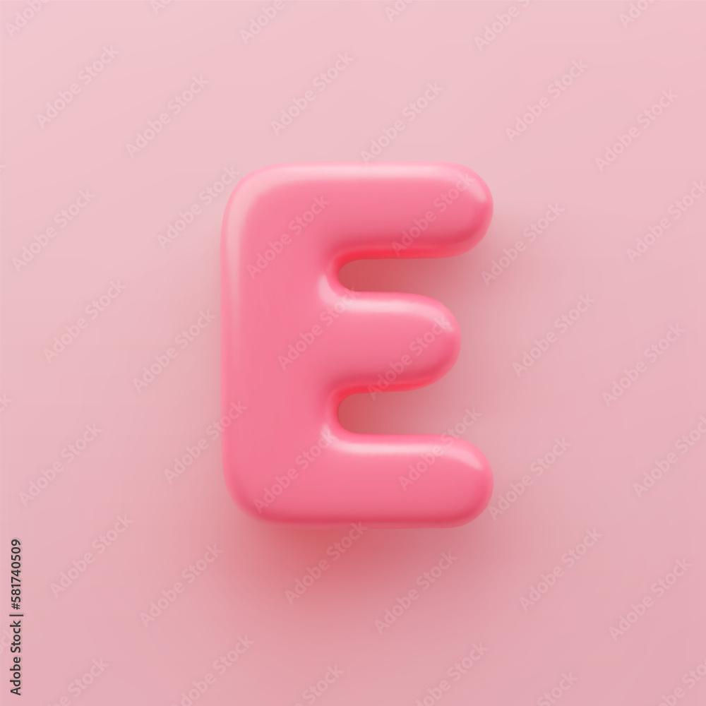 3D Pink uppercase letter E with a glossy surface on a pink background.
