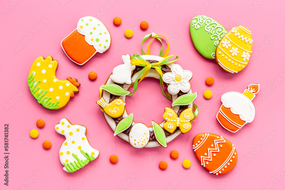 Easter Bunny cookies background with sugar sprinkles, top view