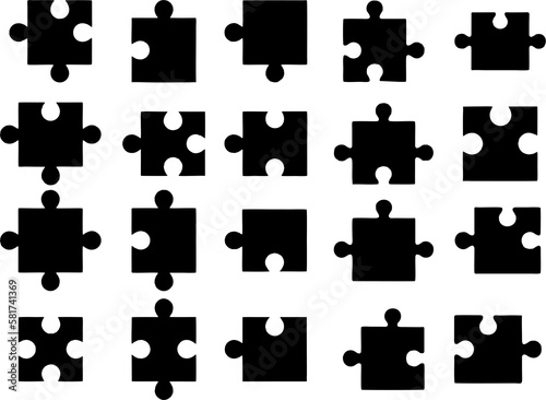 Puzzle pieces. Jigsaw game pieces. Different types of puzzle pieces on white background.