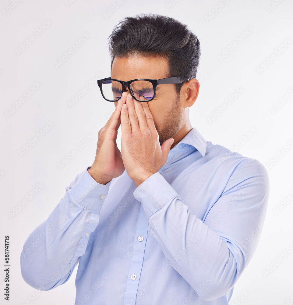 Headache, stress and frustrated business man feeling sick, ill and pain isolated in a studio white background. Employee, sad and professional worker suffering with a migraine due to fatigue