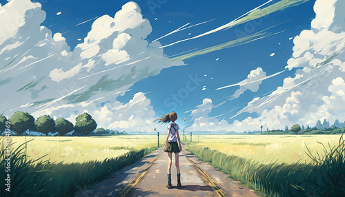 a lonely anime girl in the middle of a long path, thinking about life, generative ai technology photo