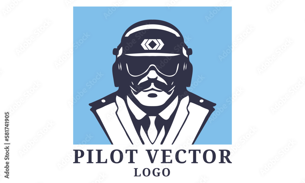 Vector logo, a portrait of a pilot with a mustache, wearing a cap and headphones. Square sticker, icon or emblem. White isolated background.