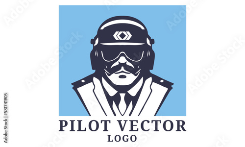 Vector logo, a portrait of a pilot with a mustache, wearing a cap and headphones. Square sticker, icon or emblem. White isolated background.