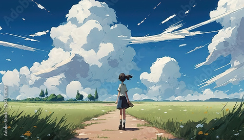 an anime landscape scene in a classic oil painting style of a lonely anime girl thinking about life, generative ai technology