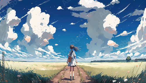 an impressive and epic landscape scene illustration of a thinking girl in an oil anime style, generative ai technology photo