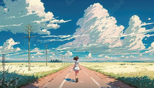 a cute young anime girl on a long street, wind and oil painting style, thinking about life, generative ai technology photo