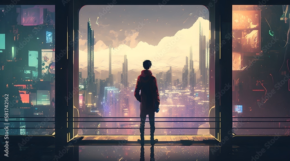 Man standing on balcony looking at futuristic city with colorful light, digital art style, illustration painting, Generative AI