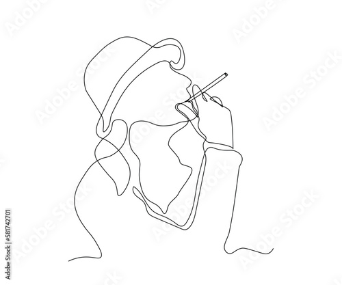 abstract girl in a hat, lady with a cigarette Continuous On Line Drawing
