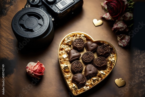 Rose flowers and heart-shaped chocolate in a box laying on the tabletop camera angle real rose flowers with real chocolates, Ai generated