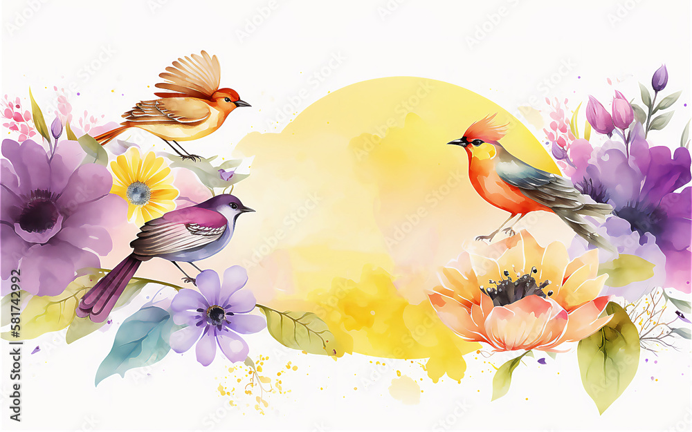 Watercolor plants and flowers banner.