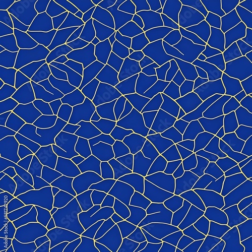 Pattern of golden lines on a blue background; cracked or net effect, trencadis style. Generative AI