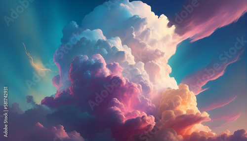 A colorful sky with clouds and the sun, sun shining in a colorful sky with white clouds, Generative AI
