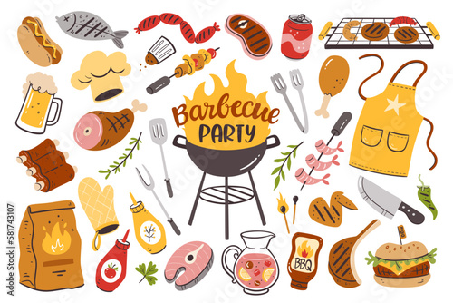Barbecue party background with meat, burgers, sausages, and barbecue utensils. Collection of 35 bbq colorful elements isolated on white. Hand-drawn vector illustration.