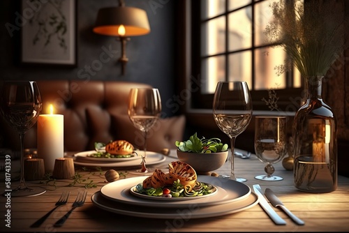 Cozy table setting for a dinner at restaurant with candles and wine, high cuisine food, AI generative