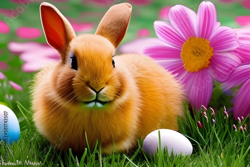 Wielkanoc, wielkanocny króliczek z jajkami wielkanocnymi na trawie, barwnie, soczyste wiosenne kolory, miejsce na tekst. Wygenerowane przy pomocy AI