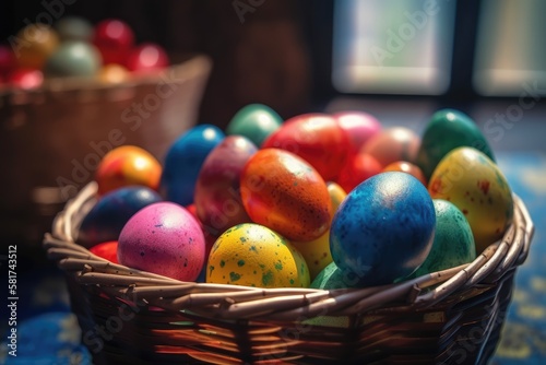 Shiny colorful Easter eggs in basket. Easter Holiday concept. Generative ai. 