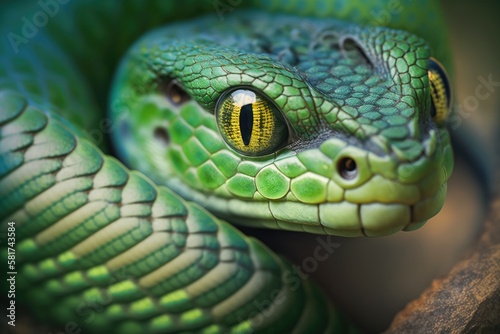 a scary green snake in close up. Generative AI
