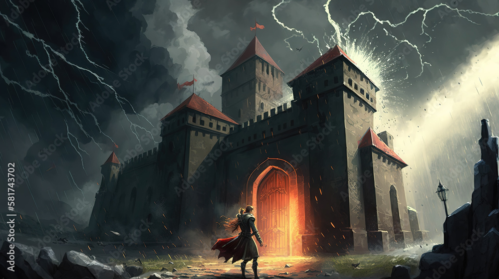 a medieval warrior heroe in front of a castle in the night, entering the dungeon, impressive illustration, generative ai technology