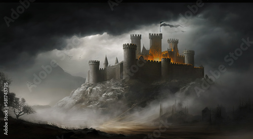 an epic impressive medieval scene with a castle in background  foggy  generative ai technology