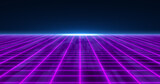 Abstract purple glowing neon laser grid futuristic high tech with energy lines on surface and horizon, abstract background