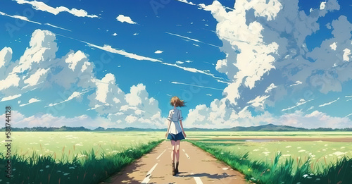an anime girl in the middle of a road thinking about life, cloudy scene, generative ai technology photo