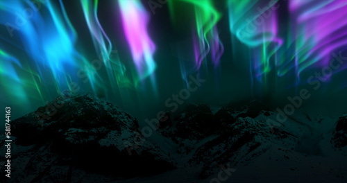 The abstract background of the multi -colored northern lights and mountains in the north  a bright iridescent realistic light light in the sky