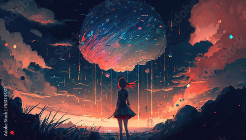an impressive epic anime illustration of a lonely girl standing in the middle of a field in front of a special planet cloud  generative ai technology
