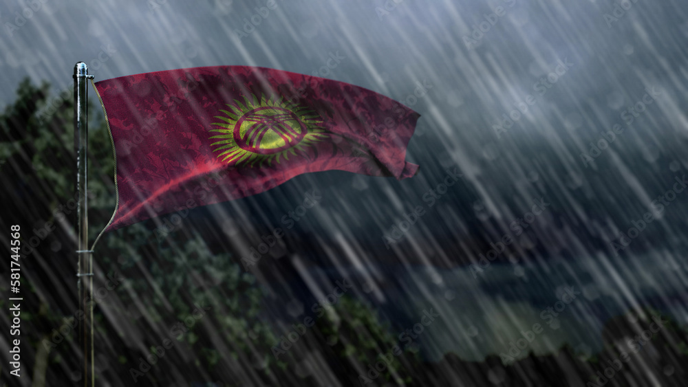 flag of Kyrgyzstan with rain and dark clouds, weather forecast symbol - nature 3D illustration