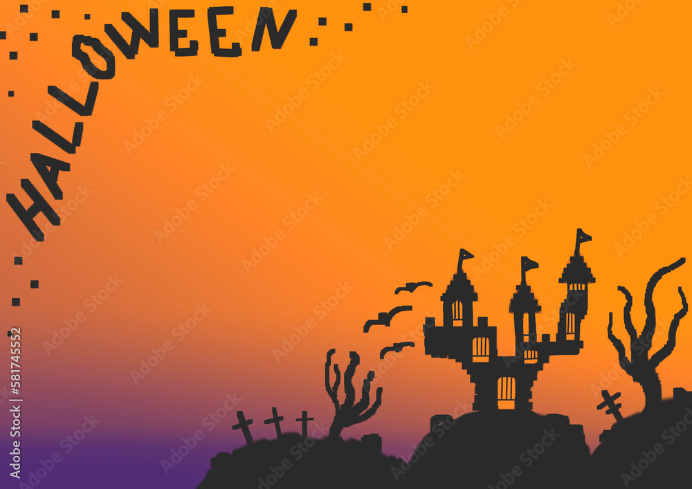 Halloween background on purple background with gradient and dark black castle. Frame or pattern with Copy space for holiday Helloween