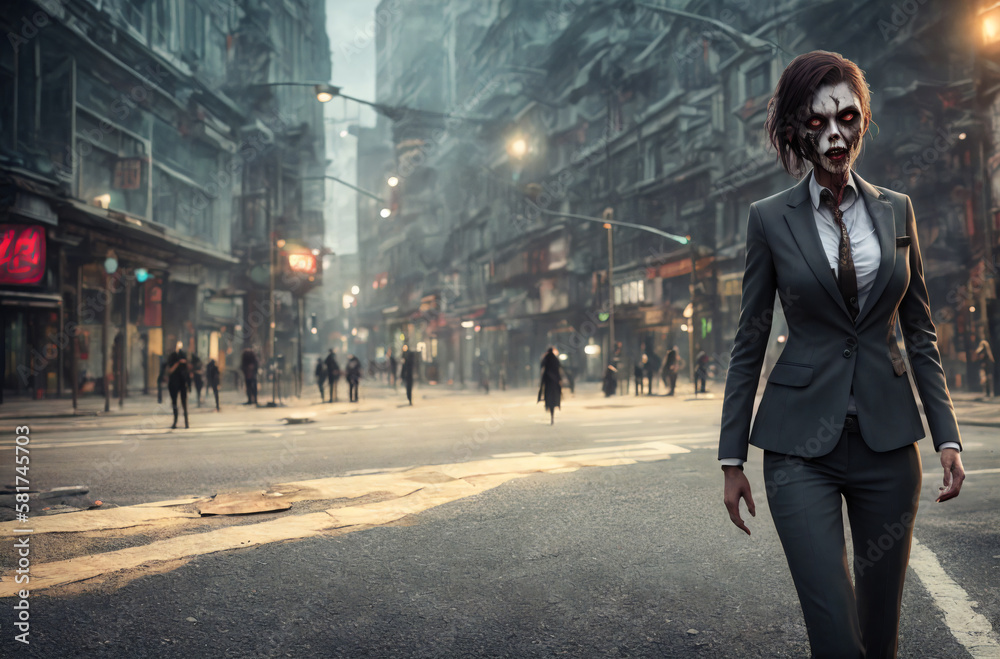 Zombie woman in business suit on city street. Stylish living dead in downtown. Generative AI.