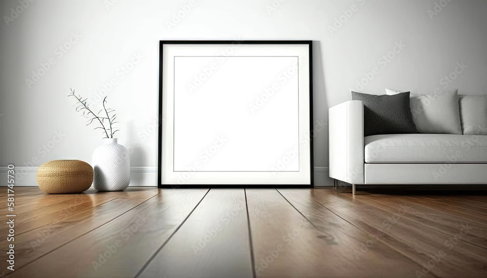 Fototapeta premium Close up view of mock up frame on the wooden floor against white wall. Generative AI