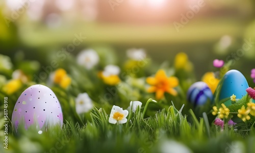 Wielkanoc, wiosenna łąka z kolorowymi jajkami wielkanocnymi, barwnie, soczyste wiosenne kolory, miejsce na tekst. Wygenerowane przy pomocy AI