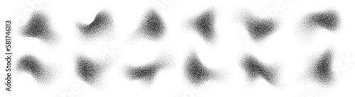 Fluid halftone shapes, abstract liquid stipple forms, black splatter shadows isolated on white. Vector design element.