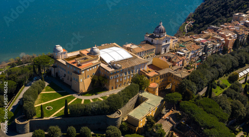 Aerial view of the Papal Palace of Castel Gandolfo, near Rome, Italy. The Apostolic Palace is a complex of buildings served for centuries as a summer residence for the Pope. It overlooks Lake Albano.  photo