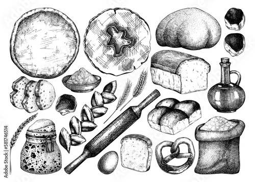 Vector collection of cooking ingredients, sweet products, bread. Hand drawn illustration for bakery, baking goods shop, recipes isolated on white backgraound. Vintage food sketches