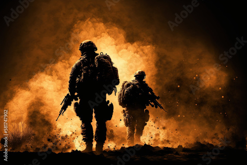 Soldiers with explosions on background. War concept. AI 