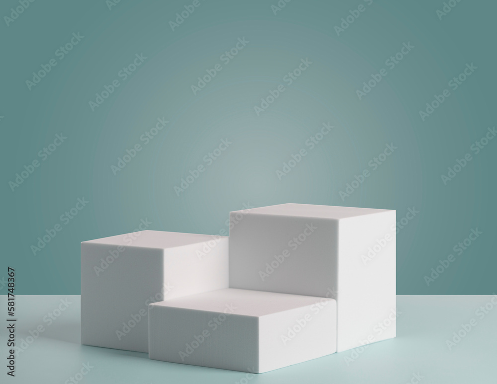 Podium consisting of three 3 square figures of different sizes on a green background. Square podiums are white. Abstract background. Podium minimal scene. Showcase Podium consisting of three 3 square figures of different sizes on a green background. Square podiums are white. Abstract background. Podium minimal scene. Showcase